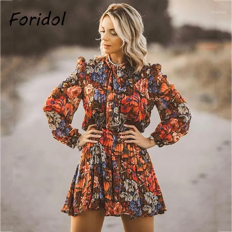 Casual Dresses Foridol Floral Print Long Sleeve Vintage Spring Autumn Dress Women Bowknot Lace Up Ladies Elegant Short Red 2023