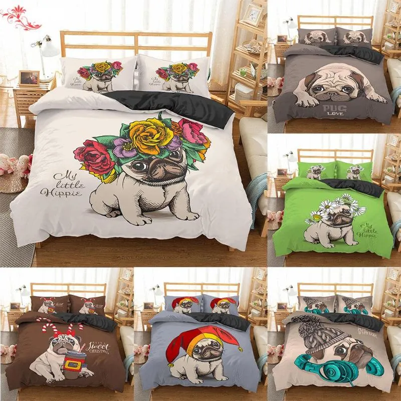 Ensembles de literie Homesky Puppy Pug Set 2/3 pcs 2023 Mignon Chien Housse de couette Joli motif Couette et taie d'oreiller lit