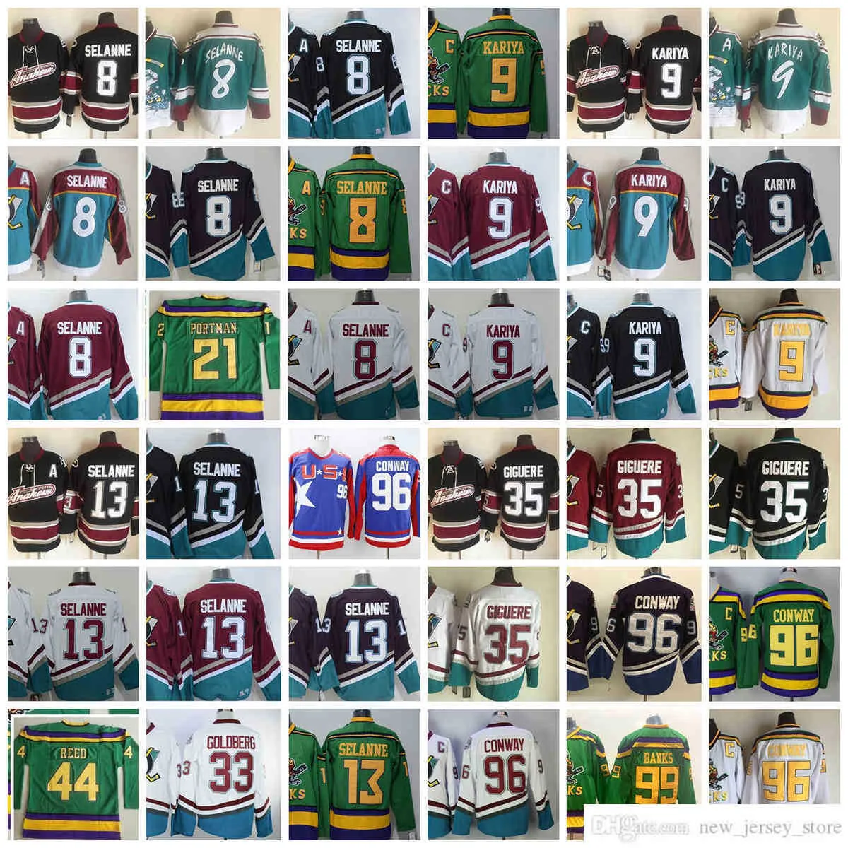 1993-1999 Movie Retro CCM Hockey Jersey Embroidery 8 9 Paul Kariya 13 Teemu Selanne 21 Dean Portman 33 Greg Goldberg 35 Jean Sebastien 44 Fulton Reed