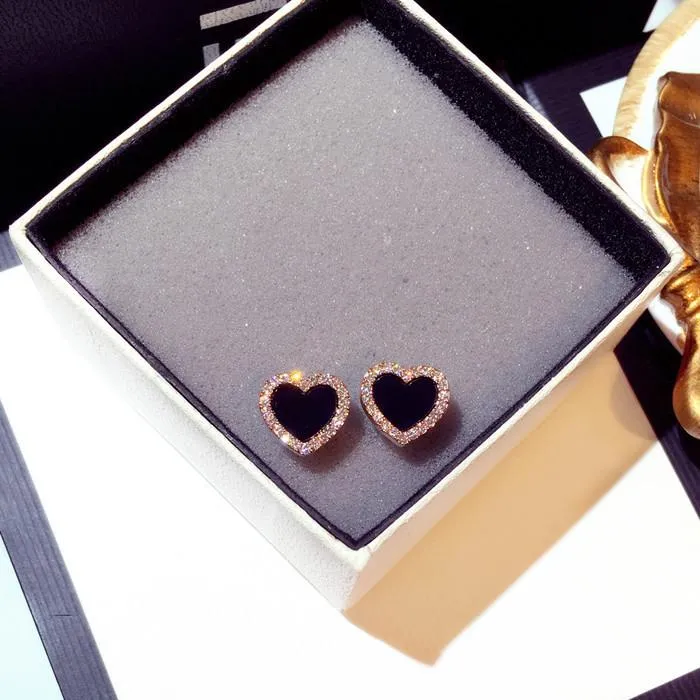 925 gümüş tasarımcı küpe kadın aşk Kalp Damızlık aşk küpe Kadın Kızlar için Gül Altın klasik elmas takı Siyah moda Düğün Hediyeleri Takı 001