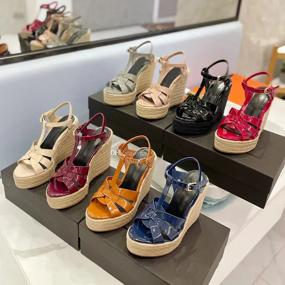 Sandalias de tacón alto para mujer Clásico Charol Rojo Fondo grueso Cuerda ligera Tejido cruzado Cinturón Zapatos de pescadores Diseñador de lujo Cuña salvaje Sandalias cómodas