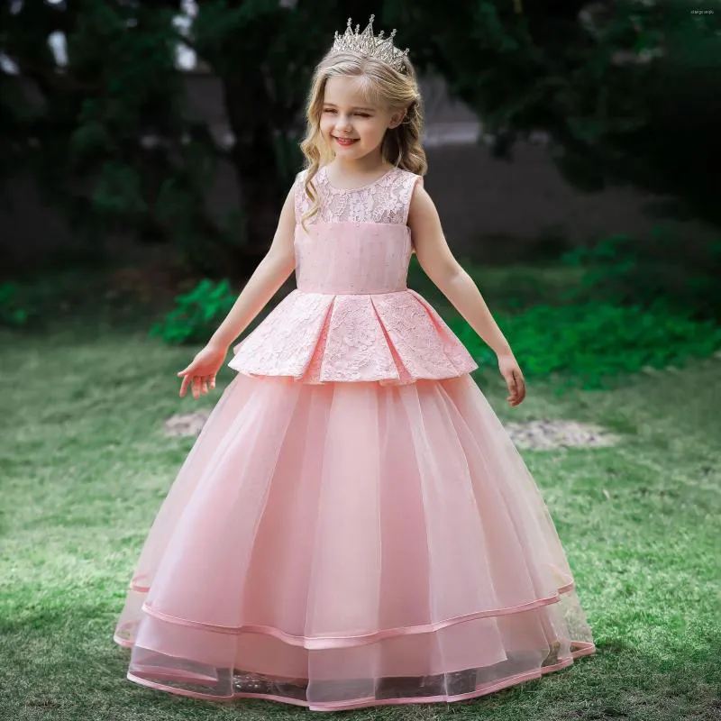 Fille Robes Rose Sans Manches Dentelle Enfants Vêtements Demoiselle D'honneur Filles Robe Enfants Pageant Fête De Mariage Princesse Robes 4-14 Ans Vestidos