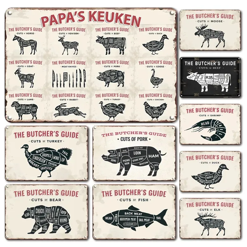 Vintage The Butcher Guide Tin Poster Pittura in metallo Retro Home Cucina Decorazione Accessori Shabby Chic Cut Targhe in metallo per animali 20 cm x 30 cm Woo Migliore qualità