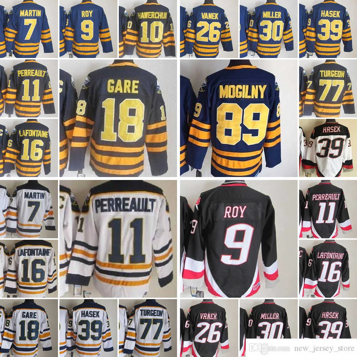 1970-1999 فيلم Retro CCM Hockey Jersey Embroidery 7 Rick Martin 9 Derek Roy 10 Hawerchuk 11 Gilbert Perreault Lafontaine Gare Vanek Miller Hasek Turgeon Mogilny