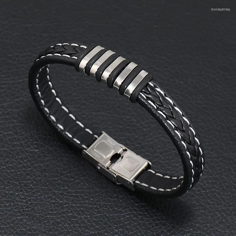 Bracelets porte-bonheur Design Original 21 cm Acier Inoxydable Noir Marron Bracelet En Cuir Tissé À La Main Simple Étroit Cadeau Assorti Homme