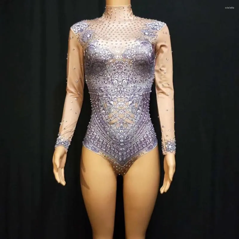 Kvinnors tvåbitar byxor Kvinnor Sexig tät montering Performance Rhinestone bodysuit Nightclub Pole Dance Leotard Showgirl Jumpsuit Acrobatic