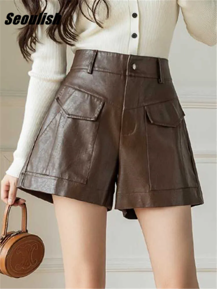 Women's Shorts Seoulish PU Faux Leather Pockets 2022 New Autumn Winter High Waist Coffee Wide Leg Pants Female Office Trousers Y2302