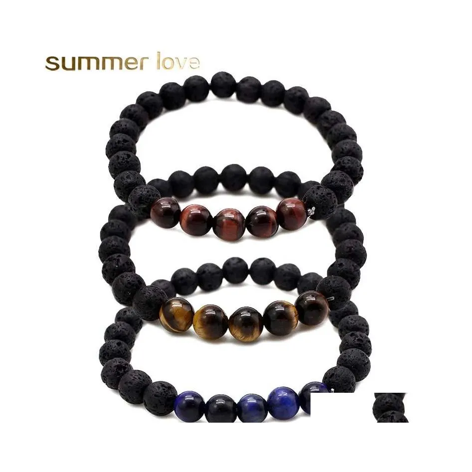 Perlé Strands Black Lava Rock Stone Délicat Bracelet De Perles Naturelles Pour Amoureux 8Mm Taille Réglable À La Main Bijoux Cadeau En Gros Dhjdr