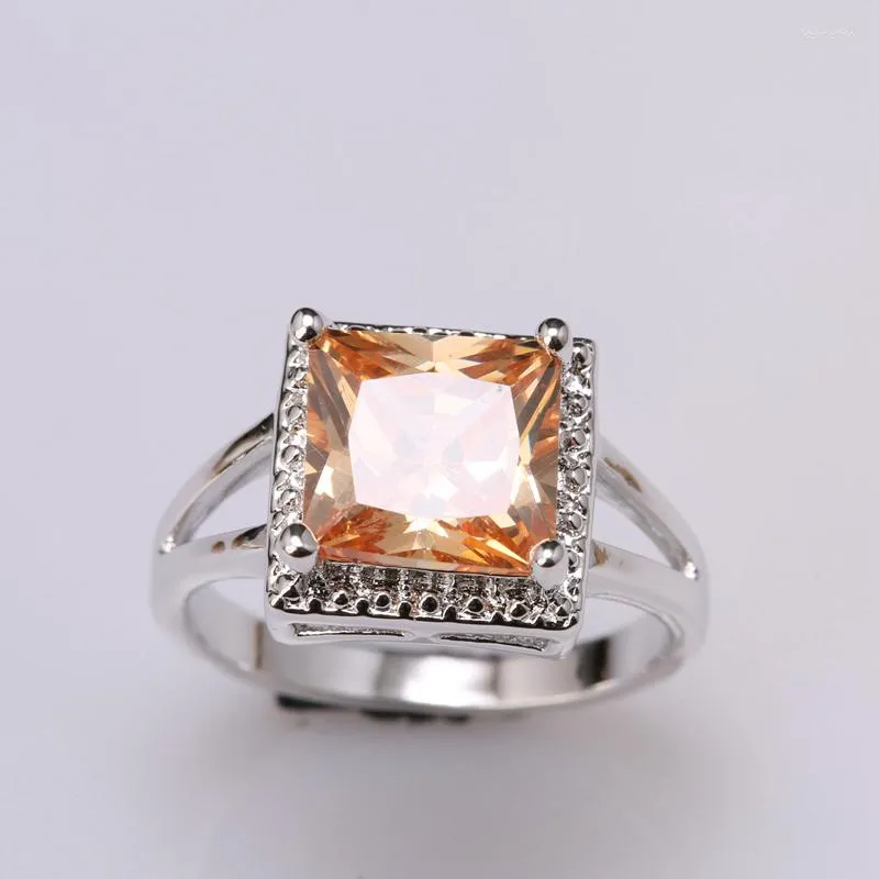 Anneaux de mariage Magic Champagne Morganite Zircon Gems Argent Plaqué Argent Solitaire Bague Taille 6 / 7 8 9 S1686