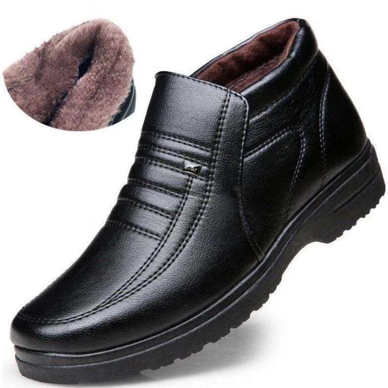 Klänningsskor Vintertäta herrarnas casual läderskor flanell hög topp slipon manliga casual skor gummi varma vinterskor för mens 230208