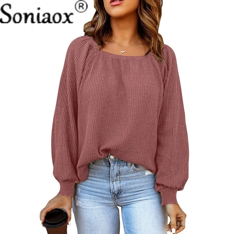 Mulheres tshirt elegante fio de malha casual solto pescoço quadrado manga longa cor sólida camisetas outono topo roupas femininas 230207