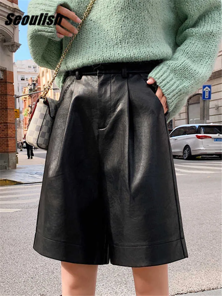 Shorts femininos Seoulish preto PU couro PU Novo 2022 Autumn Winter cintura elástica de perna larga calças elegantes calças femininas Pocket Y2302
