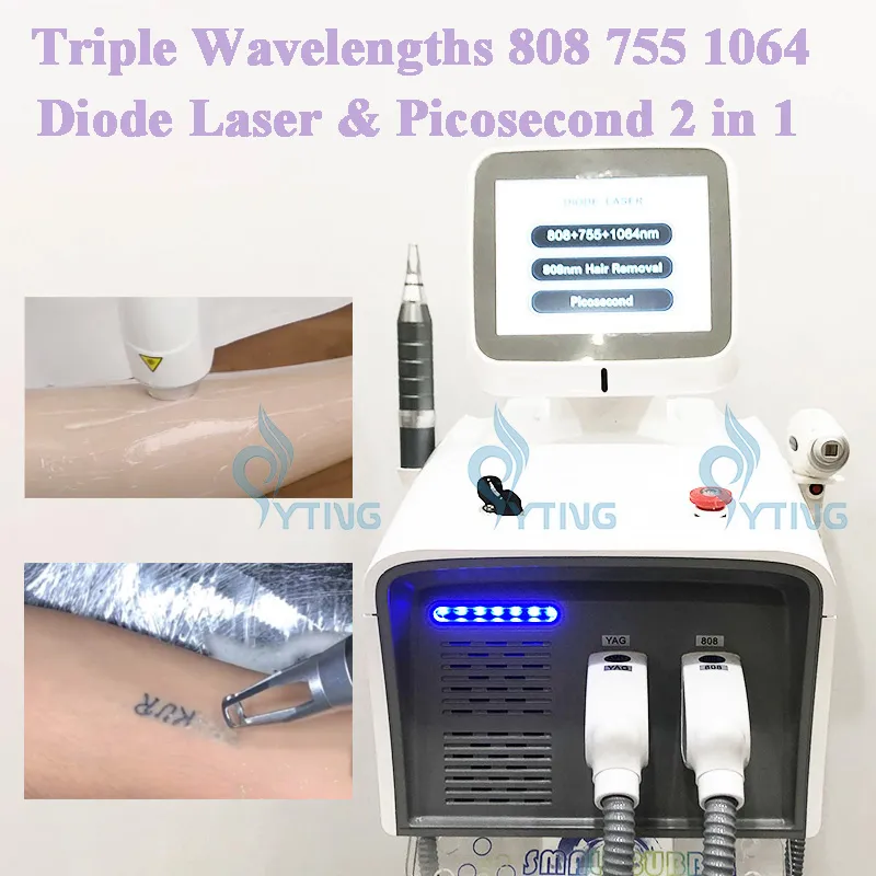 Potrójna długość fali 755 808 1064NM Diode laserowe do usuwania włosów Skórna Maszyna zaciskającą pikoseond Tatuaż Pigmentacja Pigmentacja