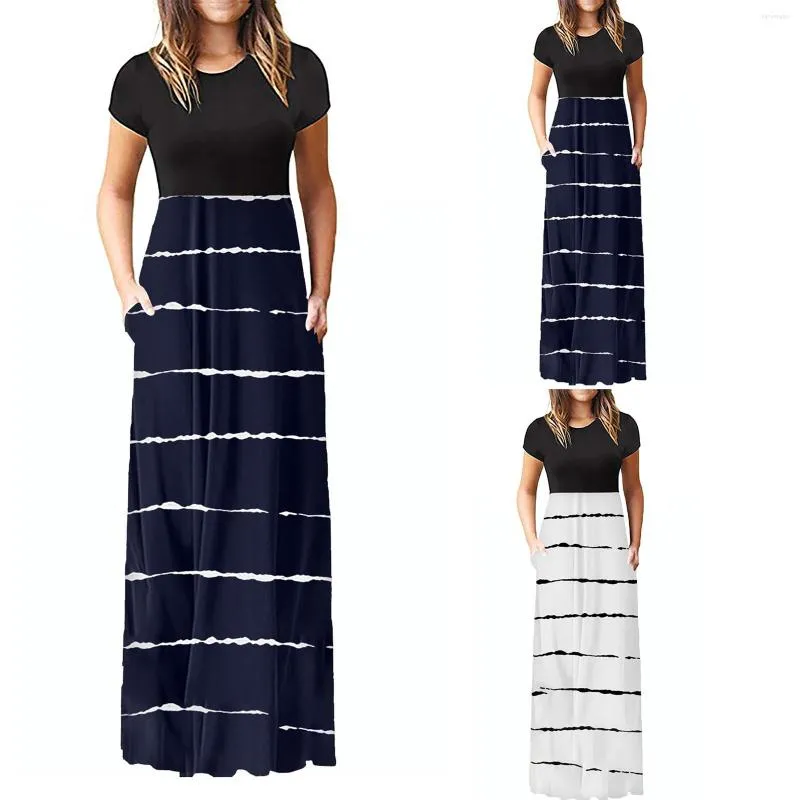 Casual Dresses Party Women Slim Stripe O Neck Sleeveless High midjel Lång klänningskläder Elegant Tight Maxi Evening Summer