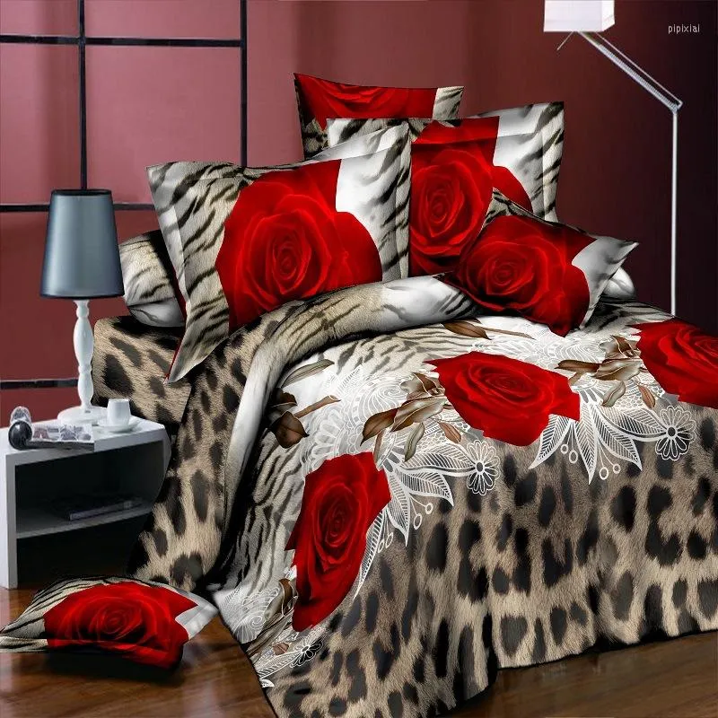 Sängkläder set skrubb 3D blommor landskap djur kreativitet brittisk stil 4 st täck täcke mjuk polyester säng linnan platt blad