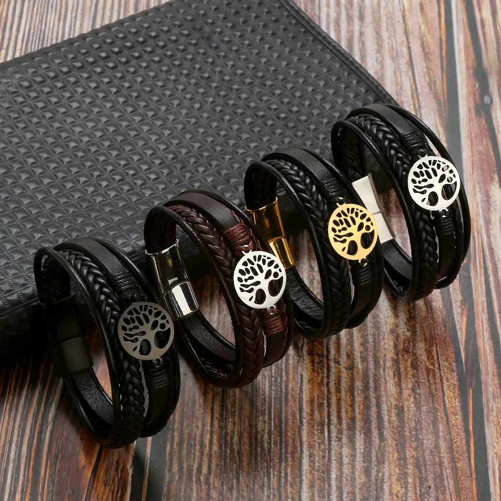 Charmos de couro Bracelets Árvore da vida Design Infinito Pulseira de aço inoxidável Moda punk cadeia trançada multi -camada jóias de hip hop homens mulheres pulseiras marrons pretas