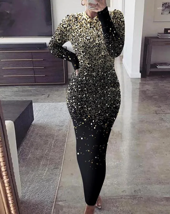 여성용 캐주얼 드레스 드레스 2023 스프링 매일 패션 프린트 긴 소매 O- 넥 바디콘 맥시
