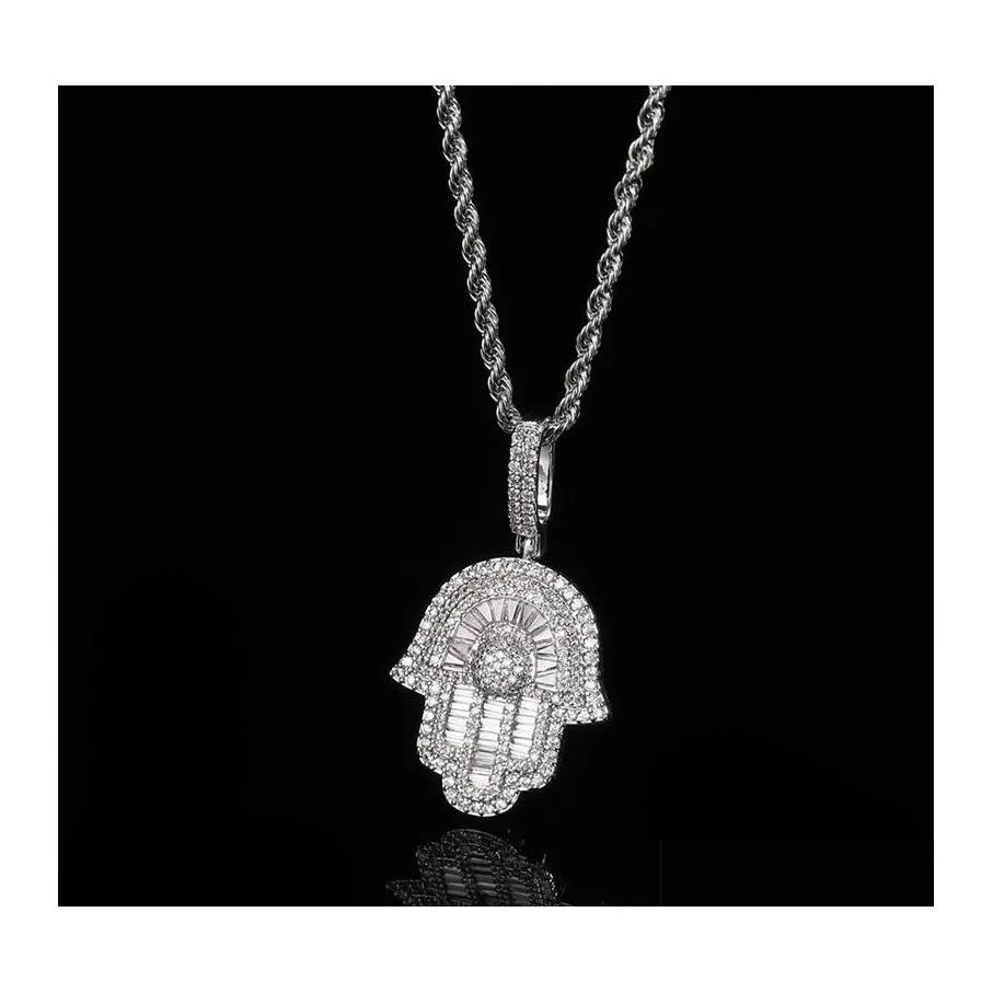 Hanger kettingen gouden kleur hiphop ijskoud bling heren jongen sieraden hiphop rock punk ijs staguette cz hamsa hand fatimas ketting 733 dhtns