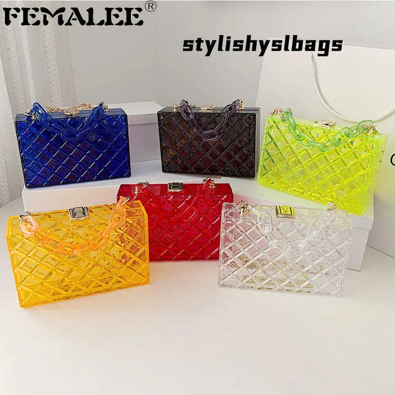 Totes Acrylic Chain Transparent Box Jelly Handbags Clear PVC Women Mini Shoulder Bolsas 2021 Trendy Lattice Evening Crossbody Tote Sac 020823H