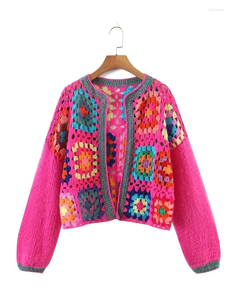 Damesbreien Yenkye vrouwen Rose Pink Plaid Flower Hand Haak Boho Cardigan Vintage Lange Mouw Open Stiksel Vrouwelijke Crop Sweater Knitwear