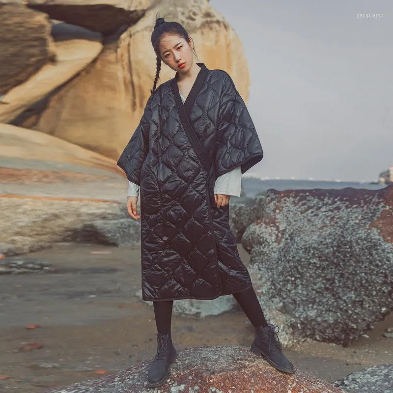 Ropa étnica Estilo de invierno Kimono negro Vendaje Abrigo de mujer Ropa ancha de algodón Patrón de calabaza suelta Moda japonesa