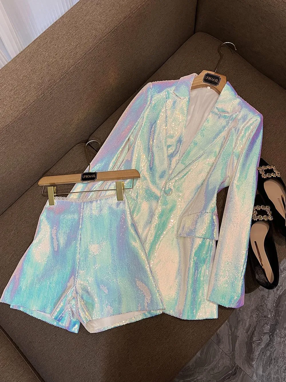 Women's Tracksuits Brand Sequins Cloth For Women Long Sleeve Single Button Casual Shorts Suit Lady Fashion 2Pcs 230208