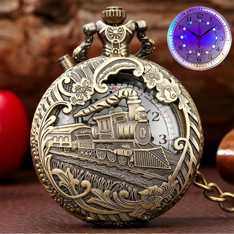 Pocket Watches Luminous LED Light Arabic Numerals Display Bronze Train Locomotive Engine Quartz Pocket Watch Retro Punk Pocket Chain Clock 230208