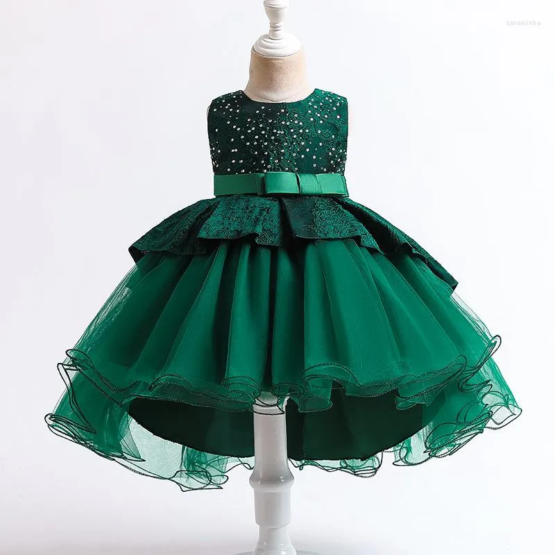 Flickaklänningar Eleganta spetsapplikationer Green Kids Pärled för bröllopskvällsfest bollklänning Flower Dress Clothes