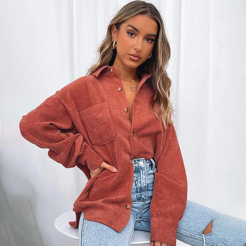 Women's Jackets Ladies Corduroy Jacket Pocket Shirt Fashion Loose Casual Button Cardigan Mid-length Autumn Style 2023