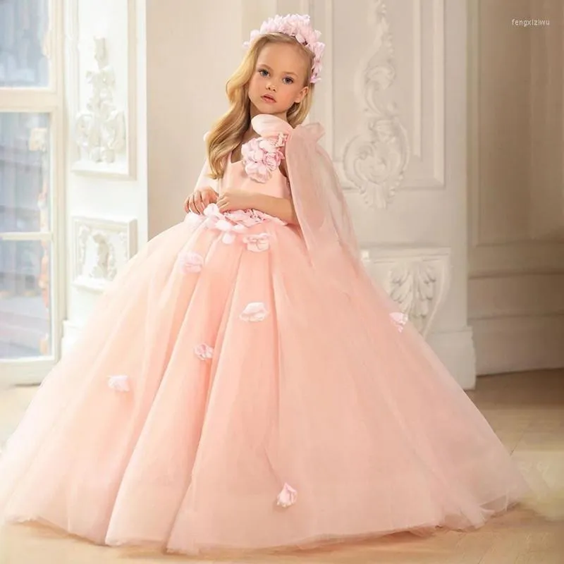 Abiti da ragazza Puffy Glitter Pink Flower senza maniche Princess Baby Wedding Party Ball Gowns Prima Comunione Compleanno