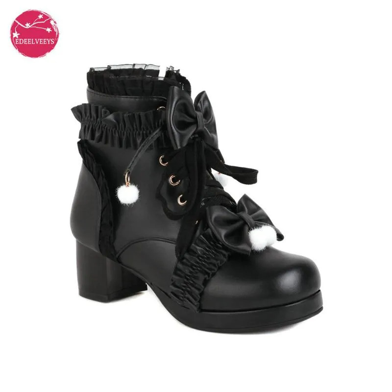 Boots EDEEEEYS Sweet Bowknot Ruffles Med Heels Shoelace Gothic Lolita Style Ankle Japanese Haruku Women Shoes Big Size 43