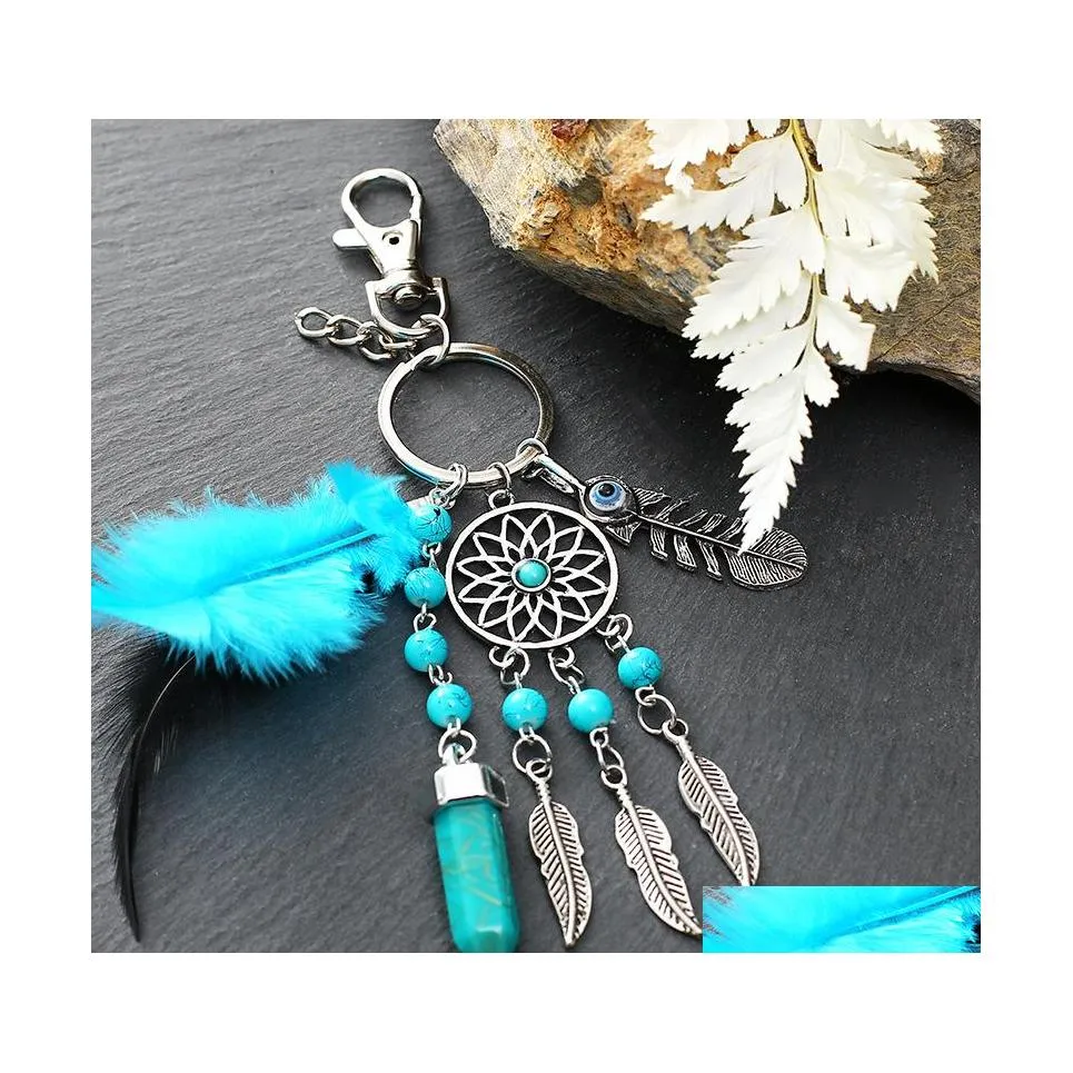 Kluczowe pierścienie łapacza marzeń Kliny niebieskie pióro mąka ręka ręka rąk Evil Eye Keyring do WALL CAR TAK DOKONAM AMET Boho Biżuteria 599 Q DH0PL