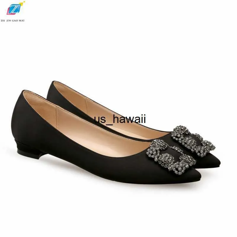 Dress Shoes Black Satin Cloth Flats Shoes Woman Basic Sequined Rhinestones Crystal Diamond Buckle Flats Fashion Bridal Shoe Work Women Shoes T230208