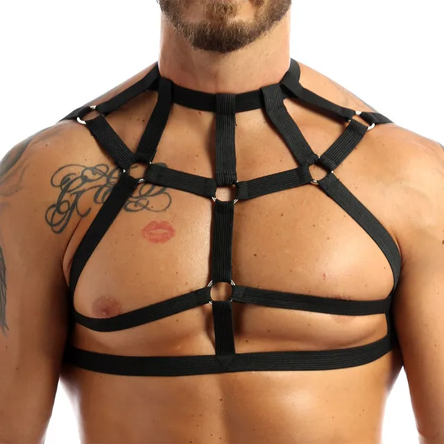 Bras Sets TiaoBug Men Halter Elastic Body Sexy Chest Harness Belt Metal O-Ring Caged Crop Tops Male Gay Lingerie Punk Gothic Rave 252f