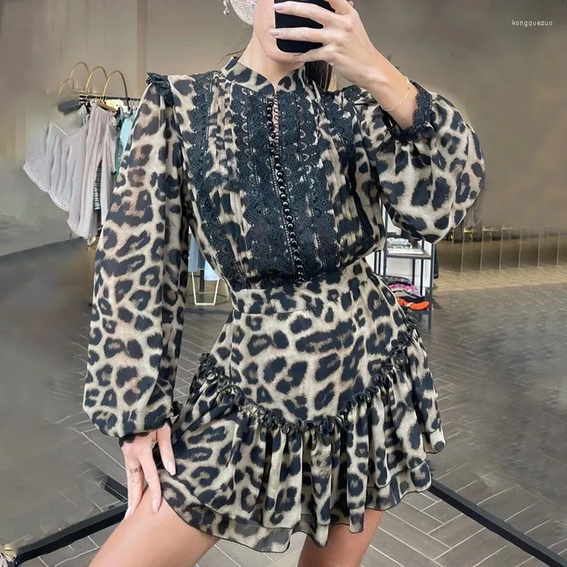 Casual Dresses Women's Dress kjol kostym Personlig leopard damskjorta skarv med hög midja lanter ärm sommaren