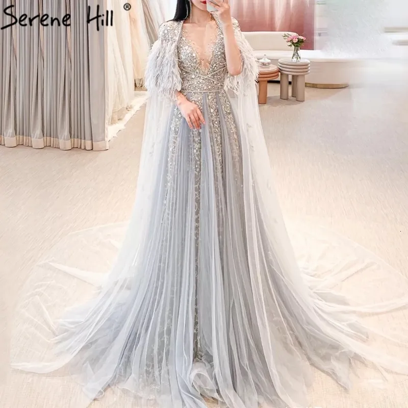 Party Dresses Serene Hill Luxury Dubai Grey Evening Formal Dresses with Feather Cape Shawl Gold Arabic Women Wedding Party Gowns Long LA70640 230208