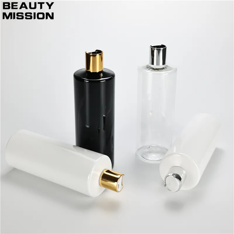 perfume bottle 500ml x 12 white clear black empty plastic shampoo bottle with gold silver disc top cap bottle