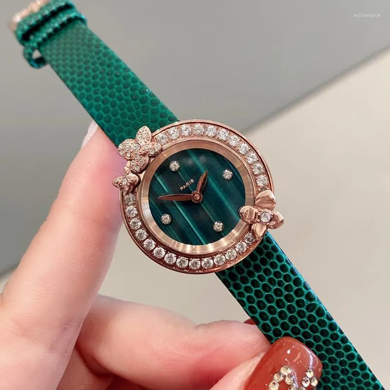 腕時計ブランド本物の革の時計豪華なローズゴールドカラー長方形クォーツ腕時計時計女性フルストーンダイヤルフラワーウォッチライストW