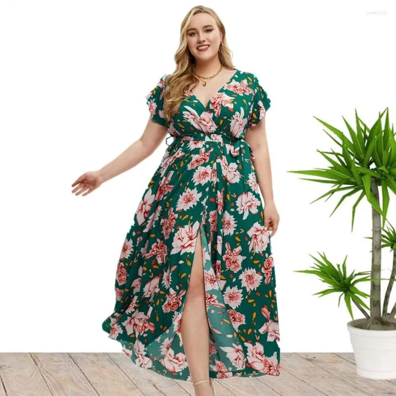 Plus Size Dresses 2023 Summer European And American Style Sexy V-Neck Short Sleeve Print Slit Dress For Women
