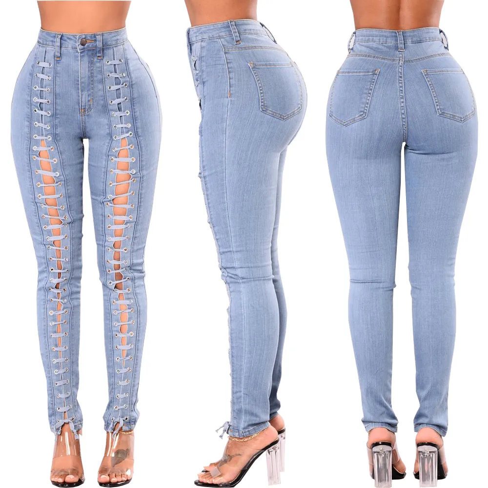 New jeans light blue bandage corn jeans European American women's clothing C239
