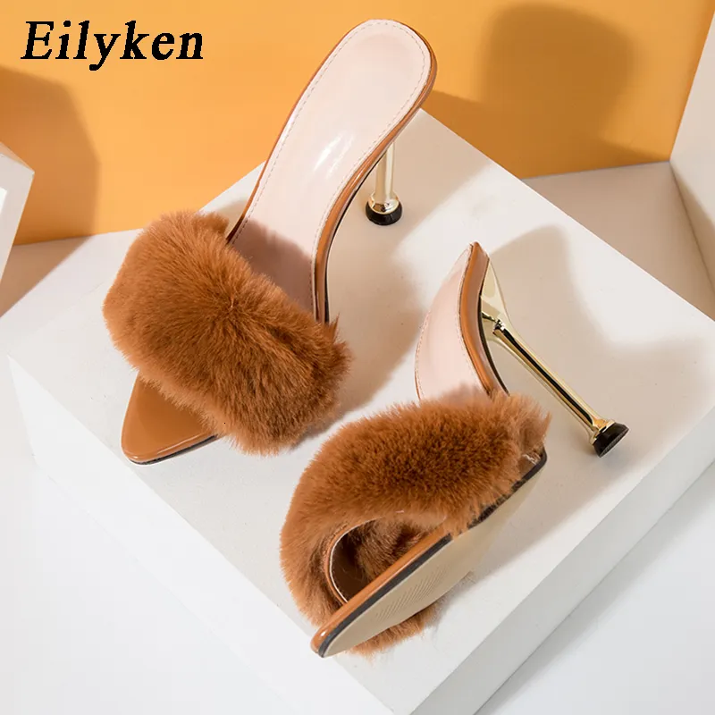 Slippers Eilyken Zomer Pluizige Bont Puntschoen Vrouwen Fashion Design Stiletto Hoge Hakken Muilezels Schoenen Slides Dames Sandalen 230207