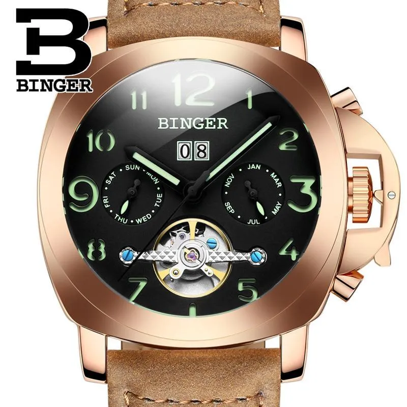 Wristwatches Switzerland Men's Watch BINGER Automatic Mechanical Multifunctional Military Stop Skeleton B1169-3