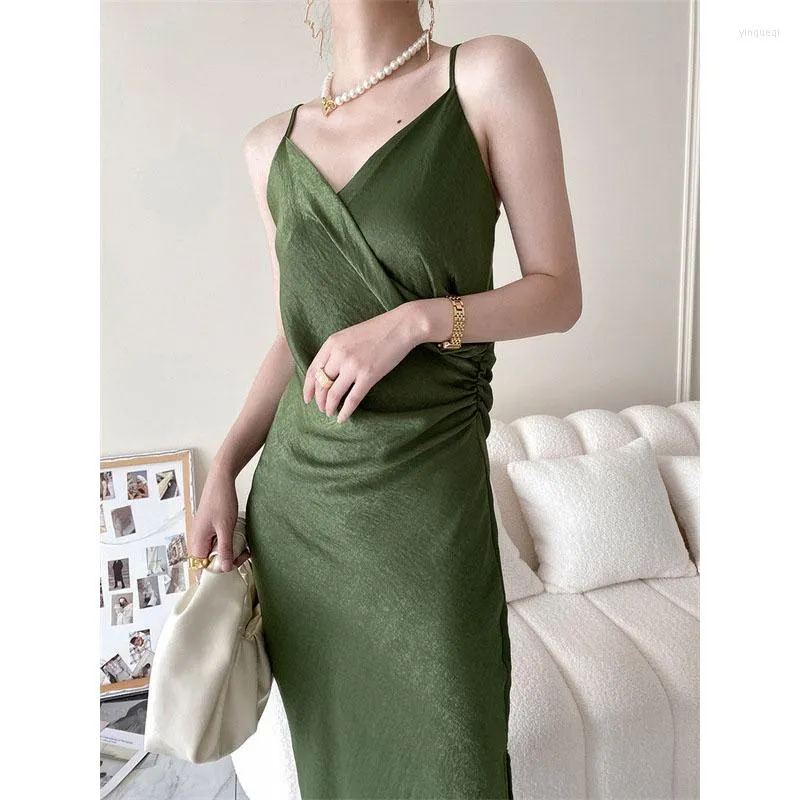 Casual Dresses Prisfree 2023 Summer Women Satin Slip Dress Silk Spaghetti Strap Vintage Slit Green Sexy Long Party