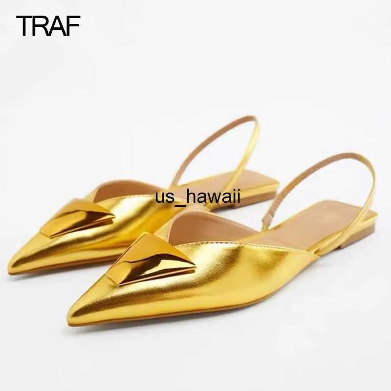 Sukienka butów traf Spring lato 2022 Flat Sandals Kobieta Elegancka kobieta swobodne kobiety złote buty luksusowe muły pointe slingback kapcie T230208