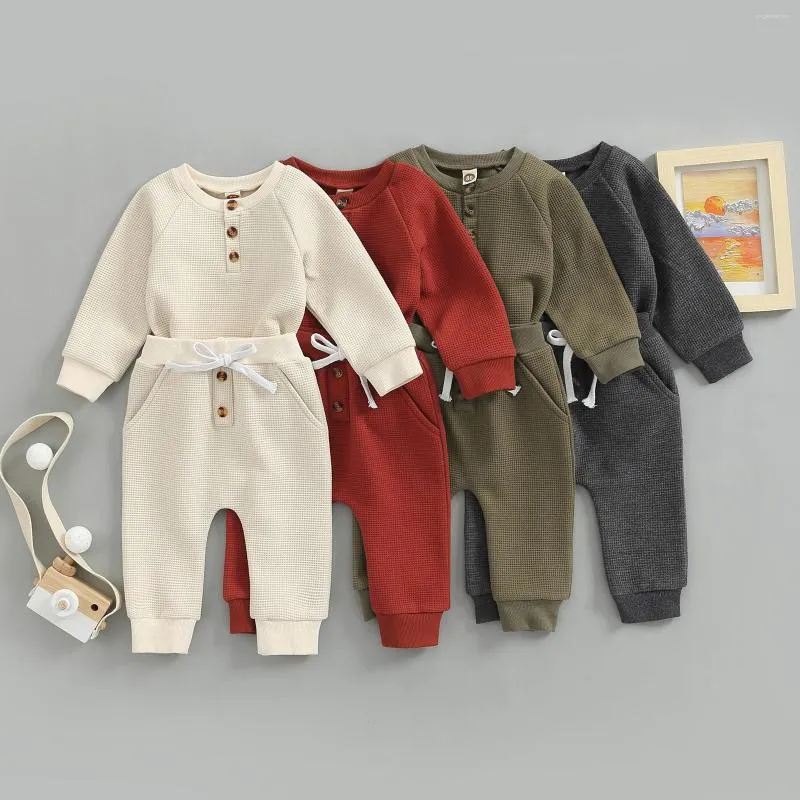 Conjuntos de roupas para criança engrossar roupas de waffle 2pcs Conjunto de garotas Botões de garotas redondos de manga longa com cordas elásticas da cintura de cordão 0-3t