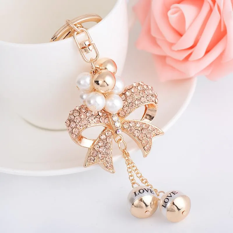 Keychains Imitation Pearls Crystal Bow Chain Keychain Car Holder Bag Pendant For Female Girl Gift Alloy Keyring Trinket Fashion Jewelry