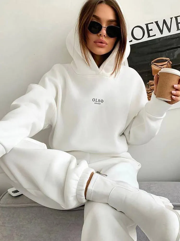 Kvinnor Tvåbitar byxor Kvinnor 2 Set Sweatshirt Suid Solid Sleeve Hooded Top Elastic Midje Pant Ladies Autumn Fleece Streetwear Outfits 230208