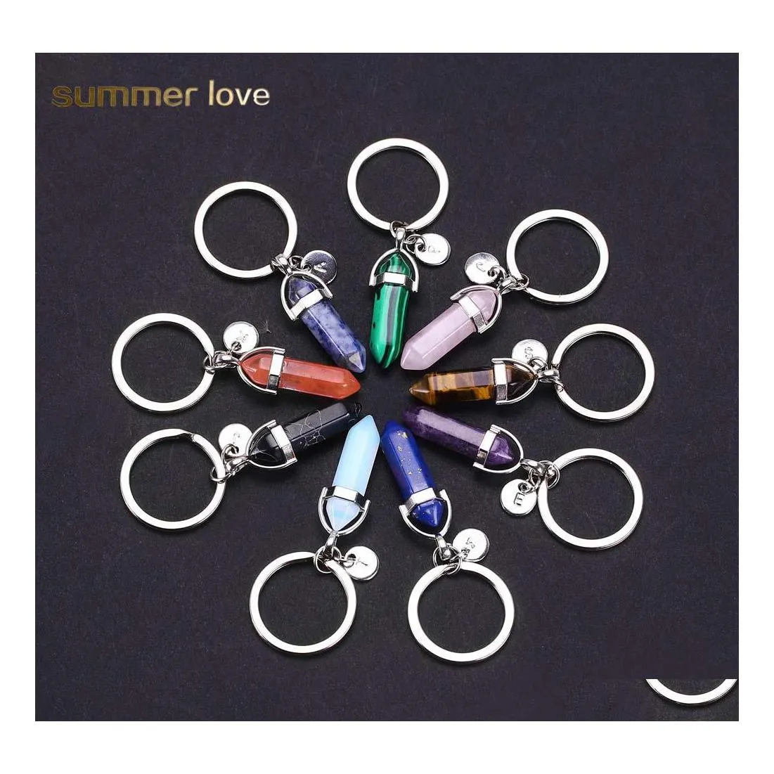 Key Rings Nature Stone Pendant Keyring For Women Men 26 Initial Letter Keychain Healing Crystal Keyholder Fashion Jewelry Drop Delive Dhroe