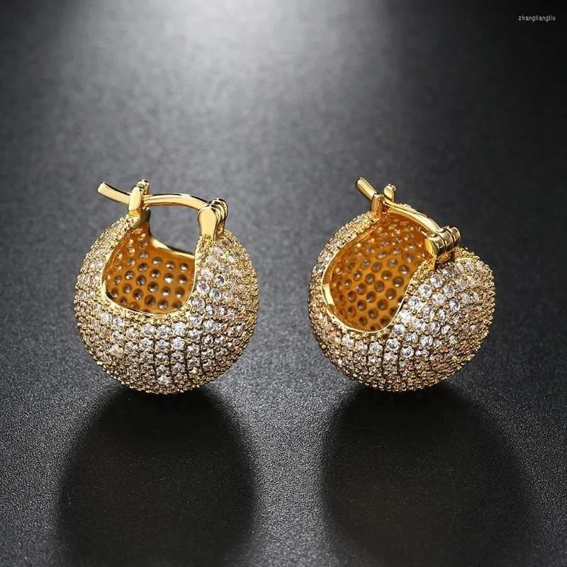 Boucles d'oreilles créoles boule creuse pour femmes luxe glacé Zircon couleur or Bling rond oreille Lobe accessoires rétro bijoux 2023 E434