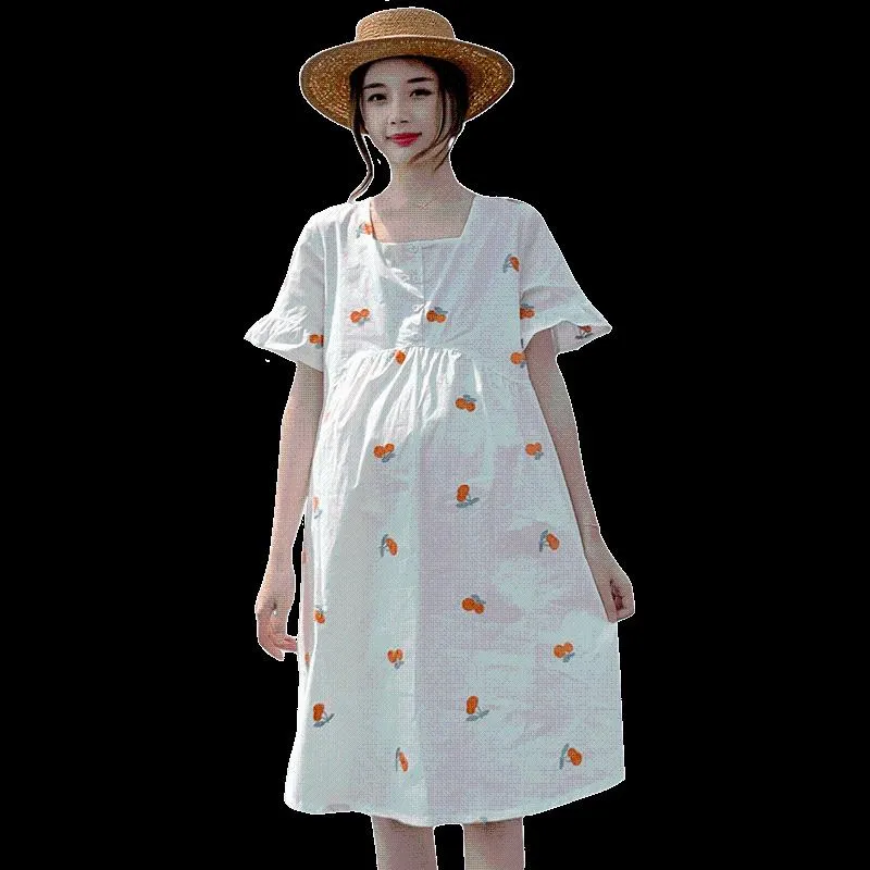 Maternity Dresses Summer Fashion Comfortable Cotton Cherry Embroidered Dress Short Flare Sleeve Pregnant Women Loose Cute